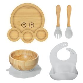 Baby Sucker Bamboo Bowl Compartment Food Supplement Spork Silicone Bib Tableware Suit (Option: Octopus Suit Gray)