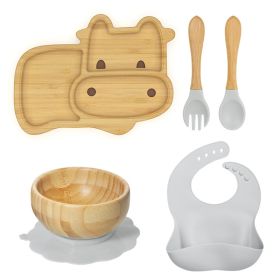 Baby Sucker Bamboo Bowl Compartment Food Supplement Spork Silicone Bib Tableware Suit (Option: Calf Suit Gray)