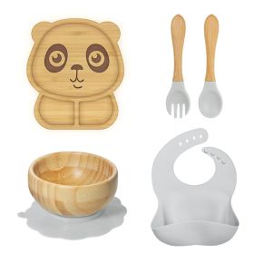 Baby Sucker Bamboo Bowl Compartment Food Supplement Spork Silicone Bib Tableware Suit (Option: Panda Suit Gray)