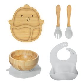 Baby Sucker Bamboo Bowl Compartment Food Supplement Spork Silicone Bib Tableware Suit (Option: Chicken Set Gray)