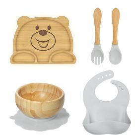 Baby Sucker Bamboo Bowl Compartment Food Supplement Spork Silicone Bib Tableware Suit (Option: Bear Suit Gray)