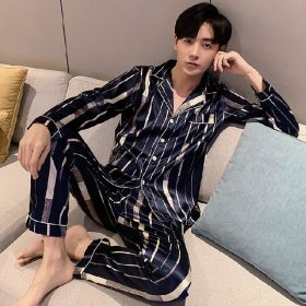 Men's Pajamas Long Sleeve Rayon Suit (Option: Navy Blue-L)