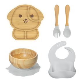 Baby Sucker Bamboo Bowl Compartment Food Supplement Spork Silicone Bib Tableware Suit (Option: Puppy Suit Gray)