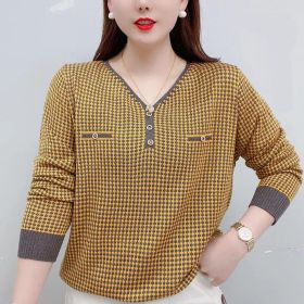 V-neck Bottom Shirt Long Sleeved Mom's Loose Fitting (Option: Golden Yellow-3XL)